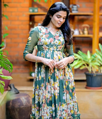 Green Pure Soft Flowy Floral Print With Kurti 