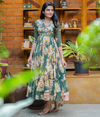 Green Pure Soft Flowy Floral Print With Kurti 