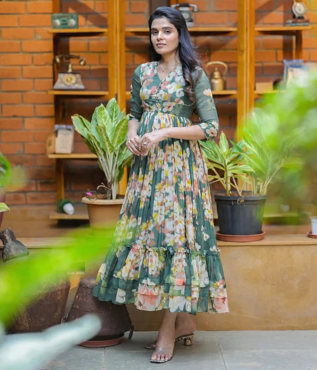 Green Pure Soft Flowy Floral Print With Kurti 