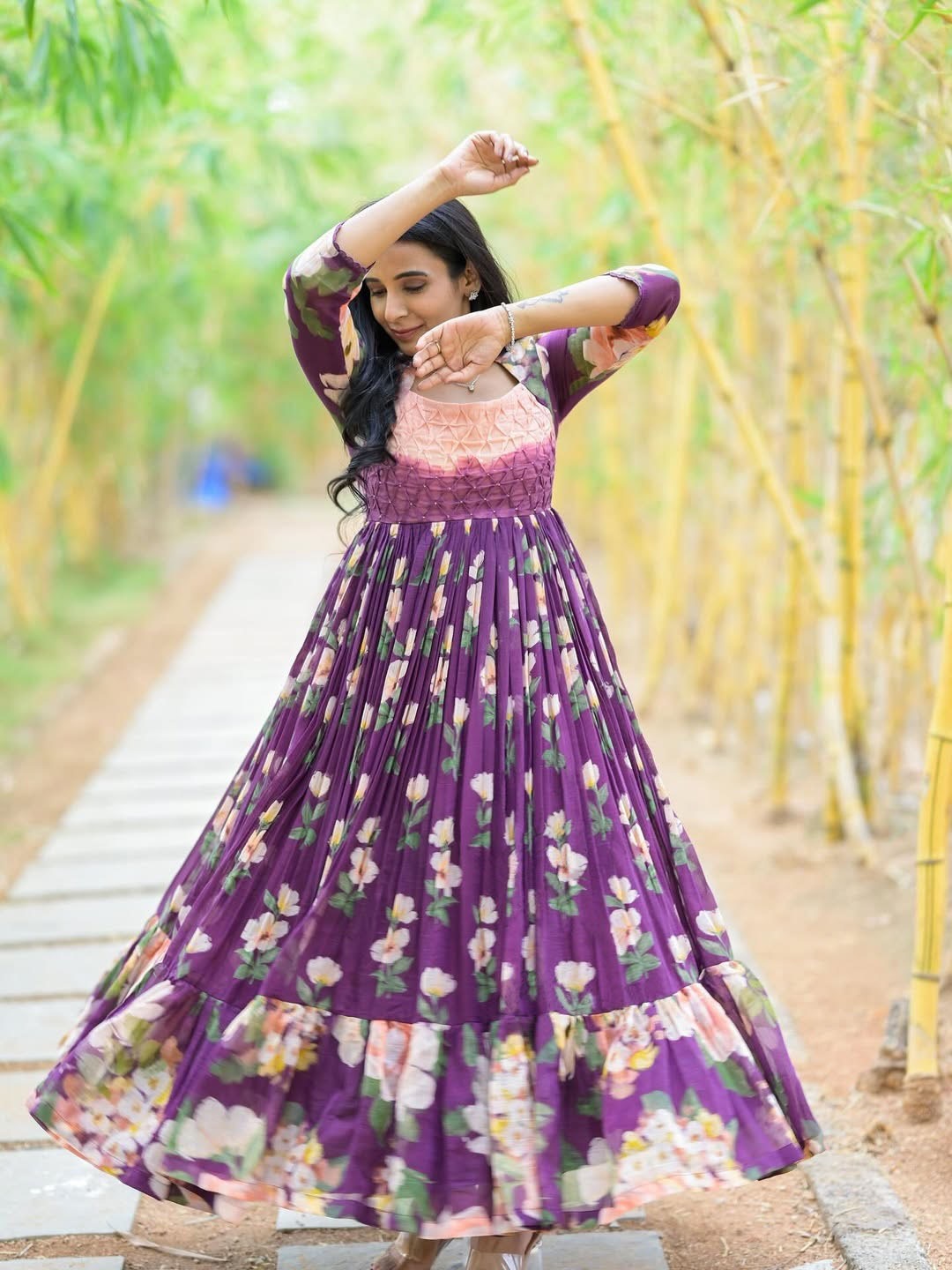 Purple Pure Soft Muslin Floral Print With Kurti 