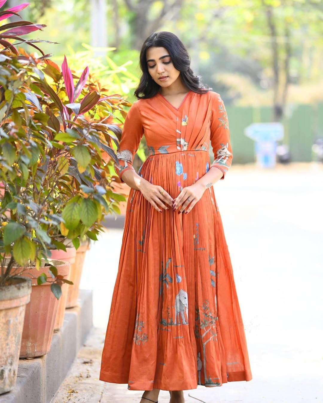 Orange Pure Soft Muslin Floral Print With Kurti ##color##  with premium fabric and embroidery