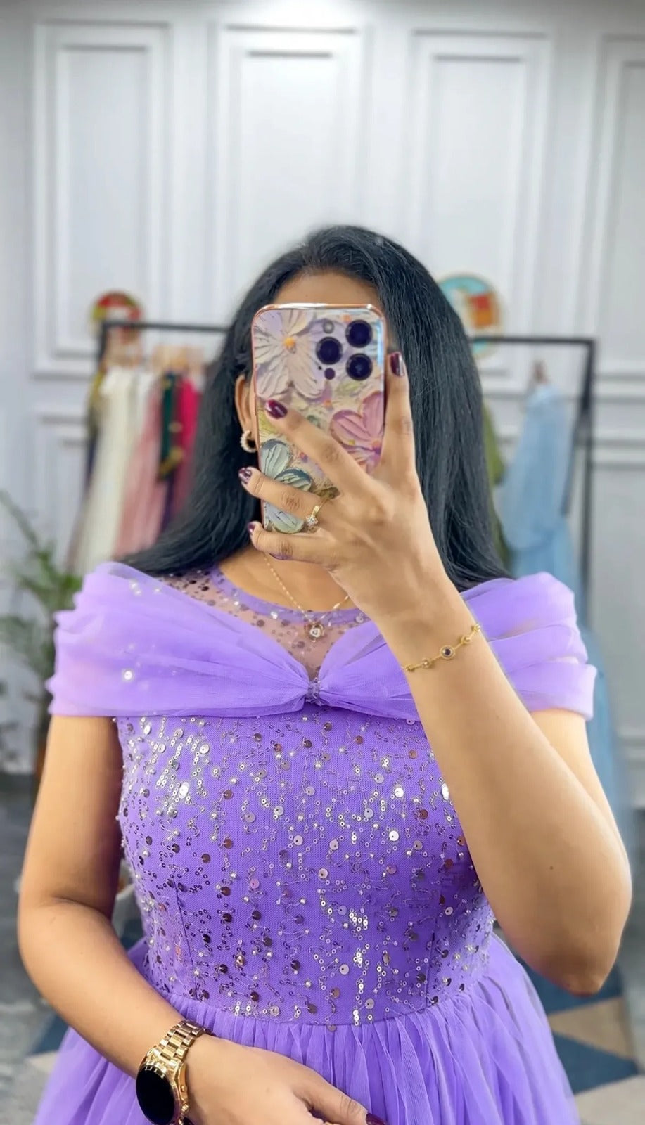 Lavender Purple Pure Soft Net Sequins Work Gown ##color## Gown with premium fabric and embroidery