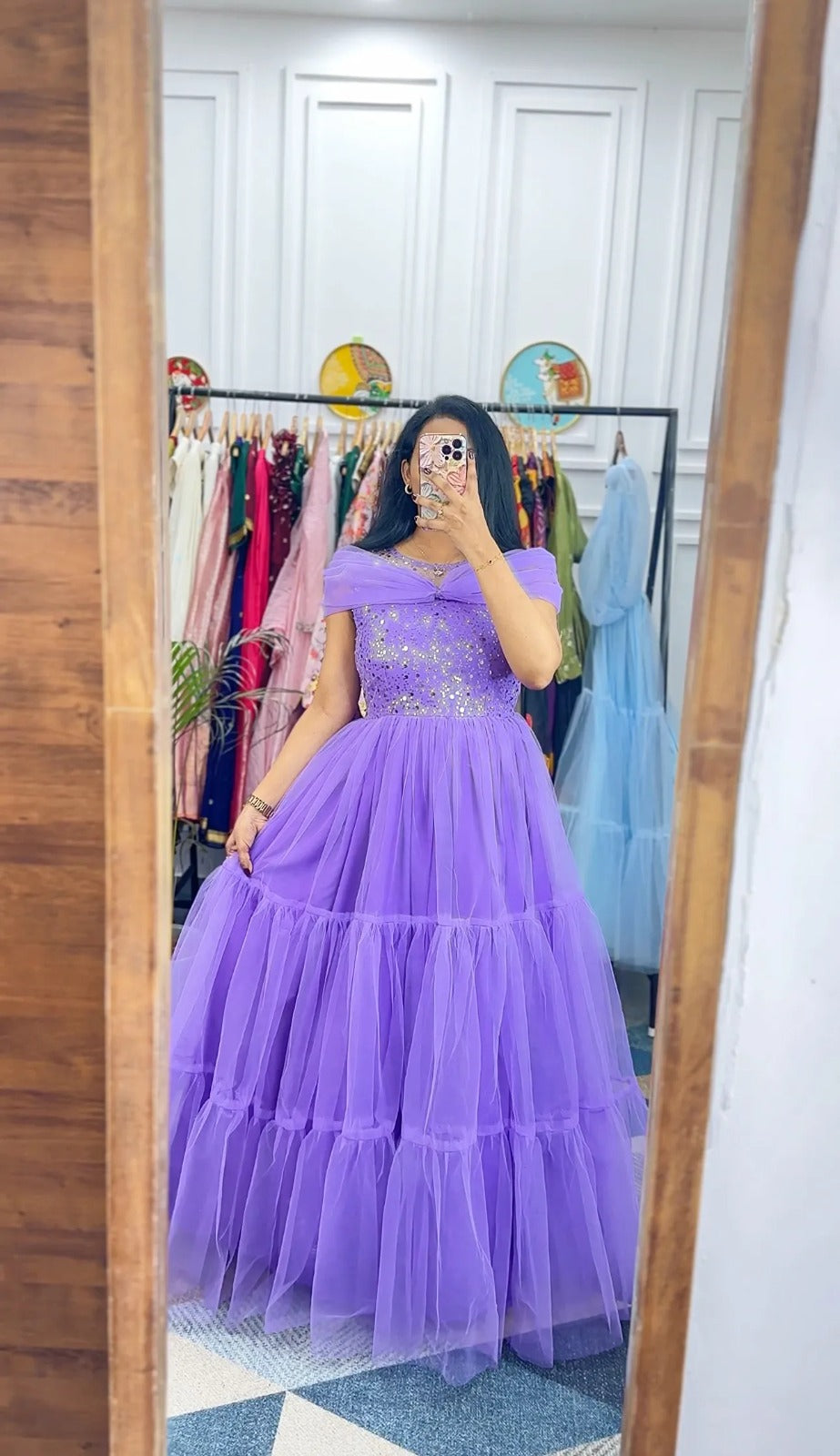 Lavender Purple Pure Soft Net Sequins Work Gown ##color## Gown with premium fabric and embroidery