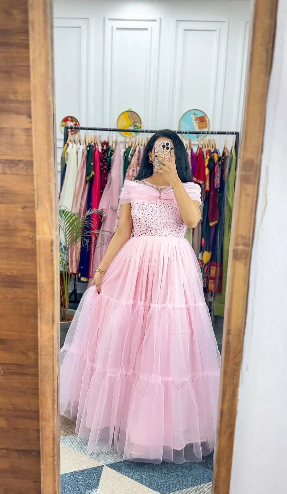 Pink Pure Soft Net Sequins Work Gown ##color## Gown with premium fabric and embroidery