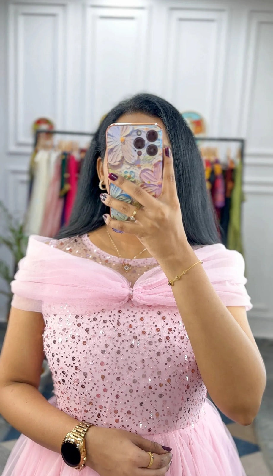 Pink Pure Soft Net Sequins Work Gown 