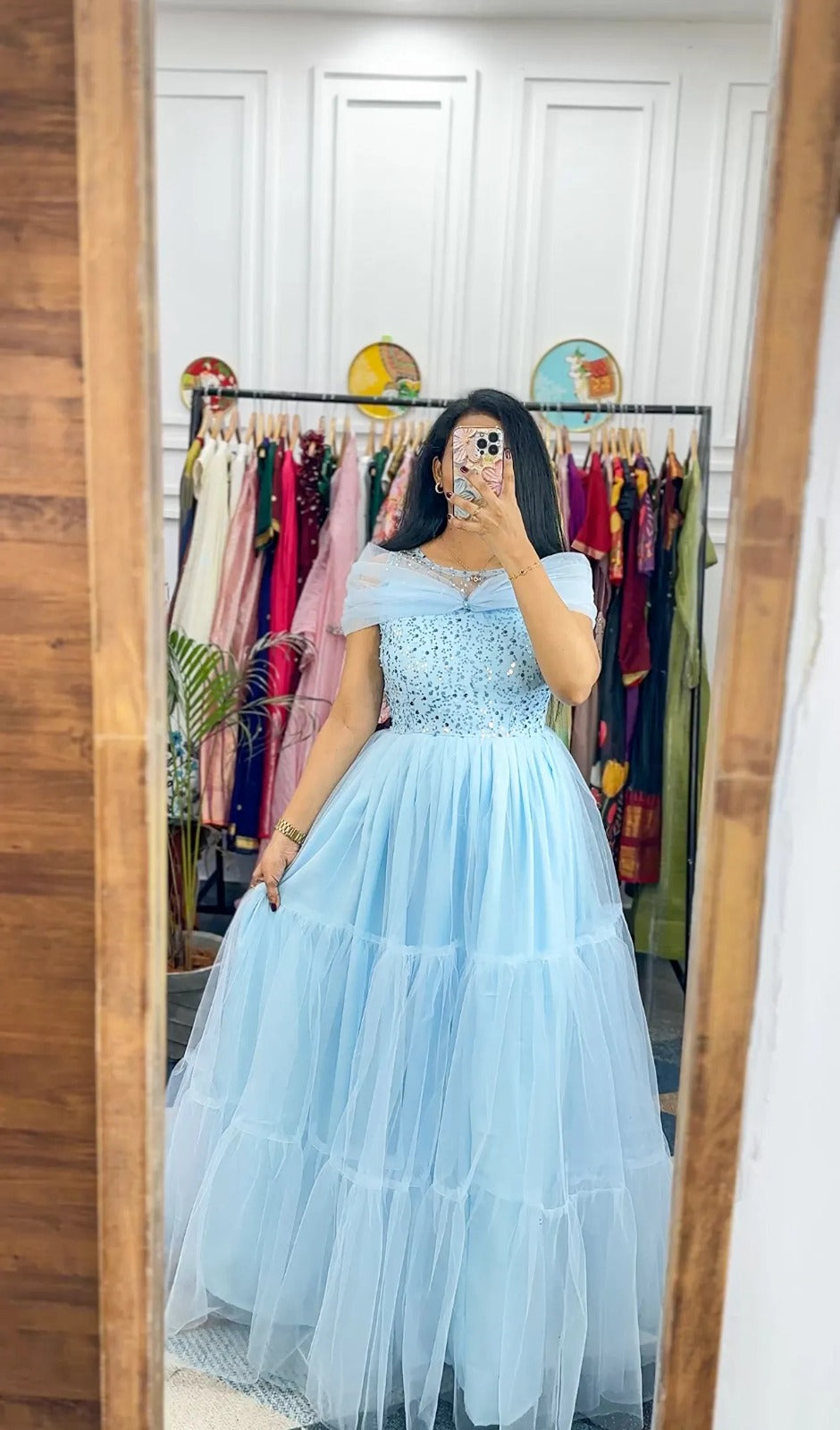 Sky Pure Soft Net Sequins Work Gown ##color## Gown with premium fabric and embroidery