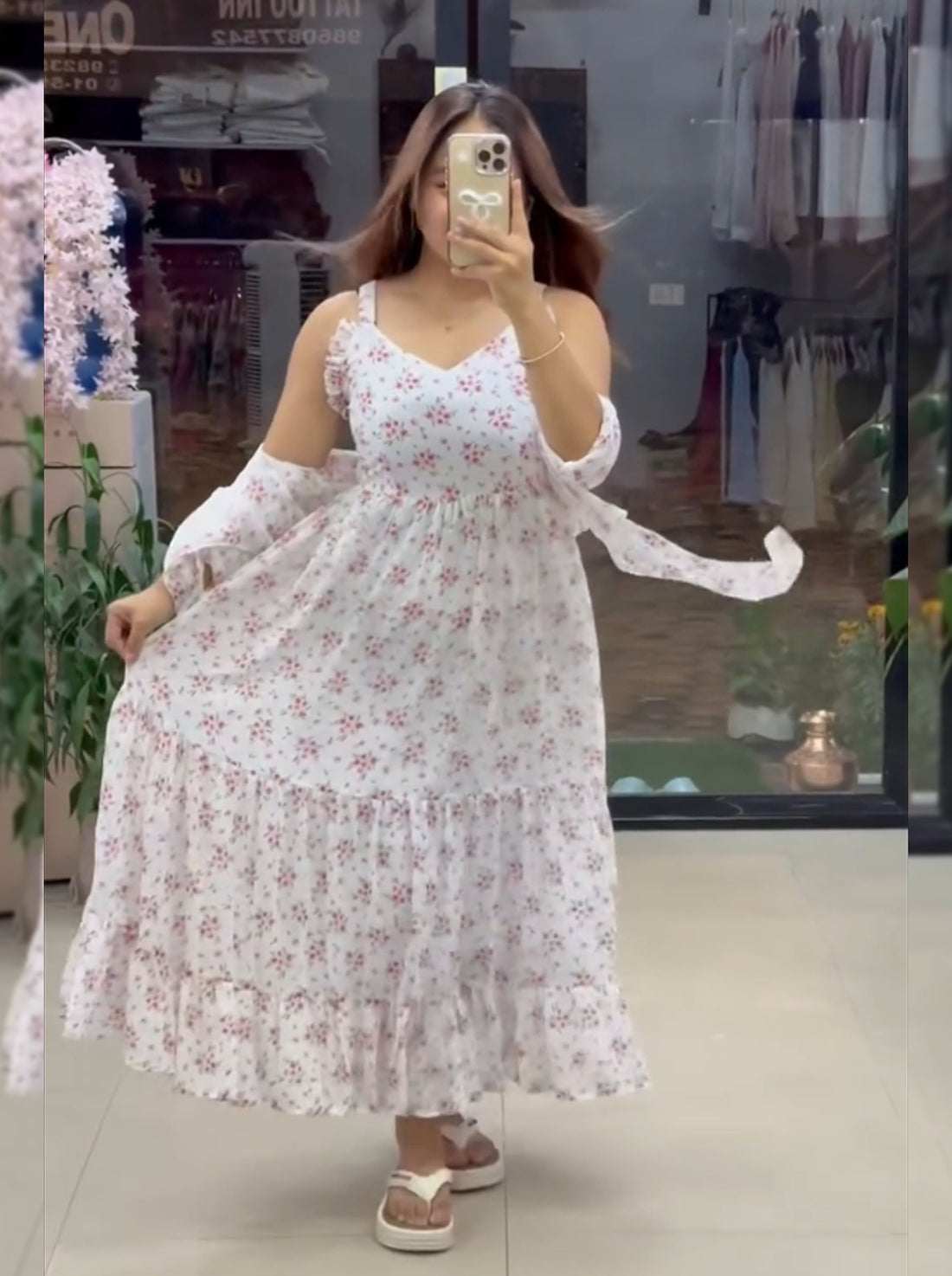 White Pure Soft Georgette Floral Print Work Gown 