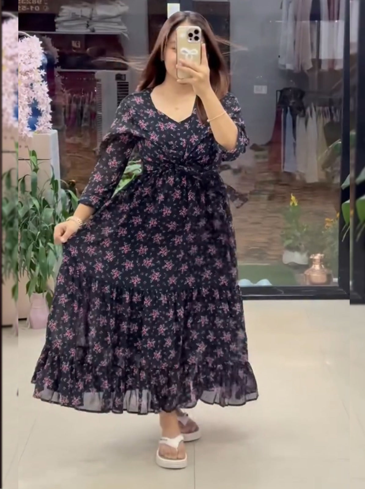 Brown Pure Soft Georgette Floral Print Work Gown ##color## Gown with premium fabric and embroidery