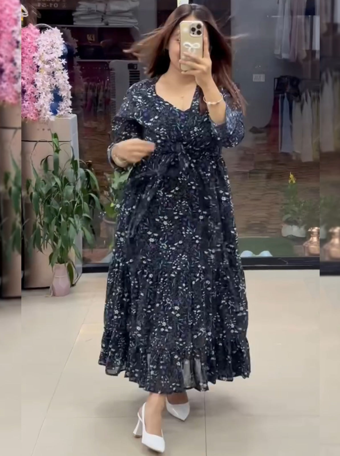 Black Pure Soft Georgette Floral Print Work Gown ##color## Gown with premium fabric and embroidery