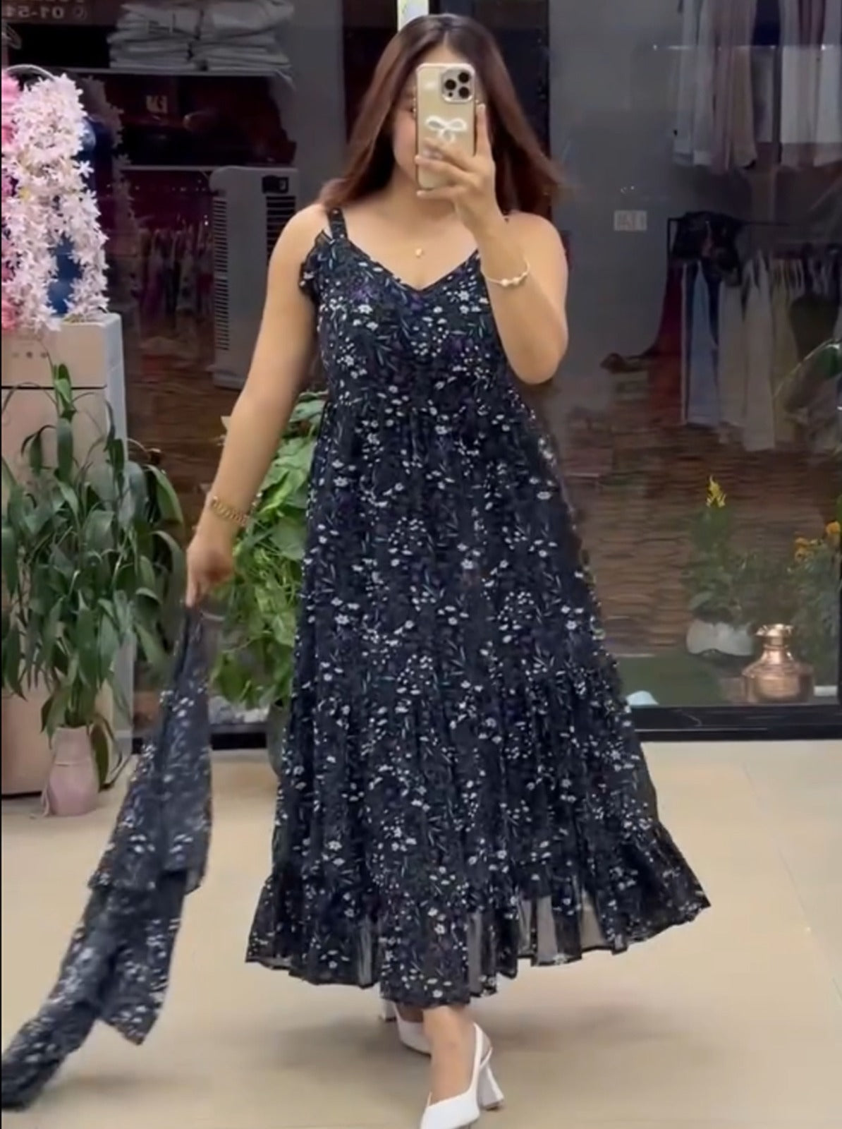 Black Pure Soft Georgette Floral Print Work Gown ##color## Gown with premium fabric and embroidery