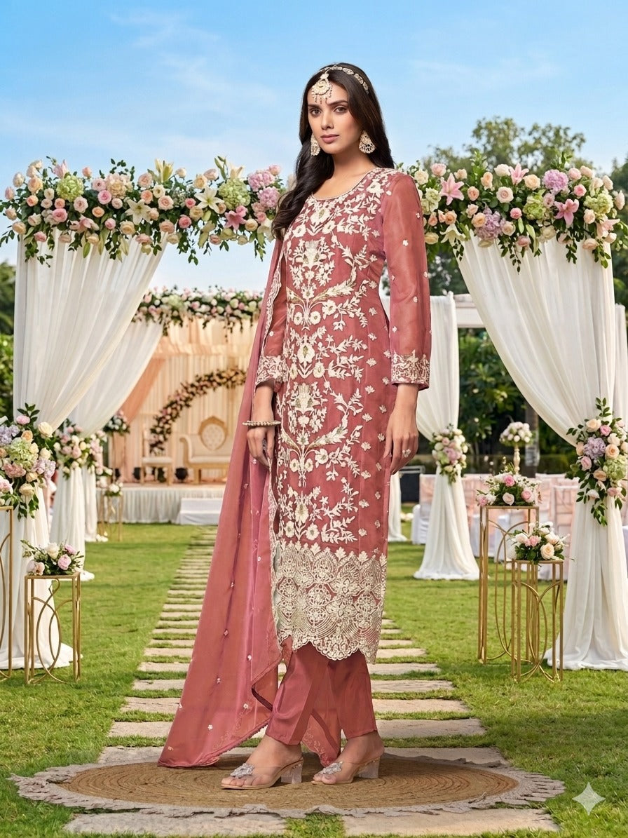Rust Pure Soft Organza Heavy Thread Work Salwar Suit