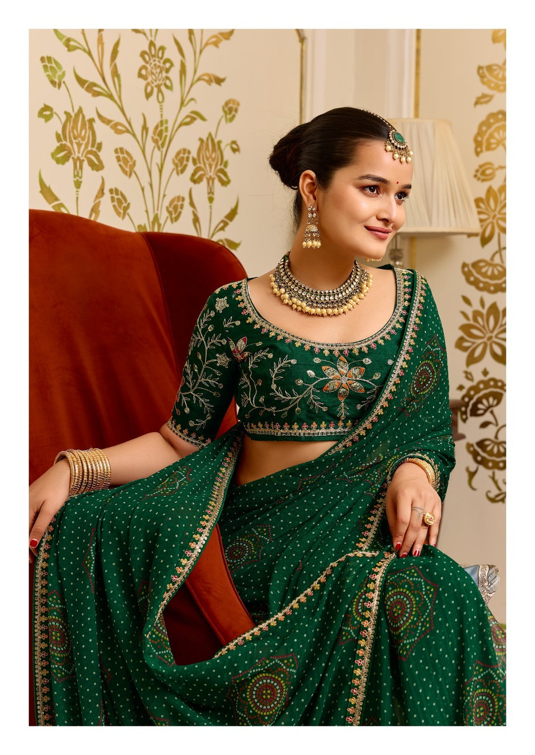 Green Pure Georgette Chiffon Bandhani Print Saree 