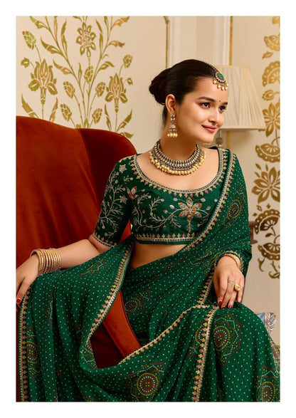 Green Pure Georgette Chiffon Bandhani Print Saree 