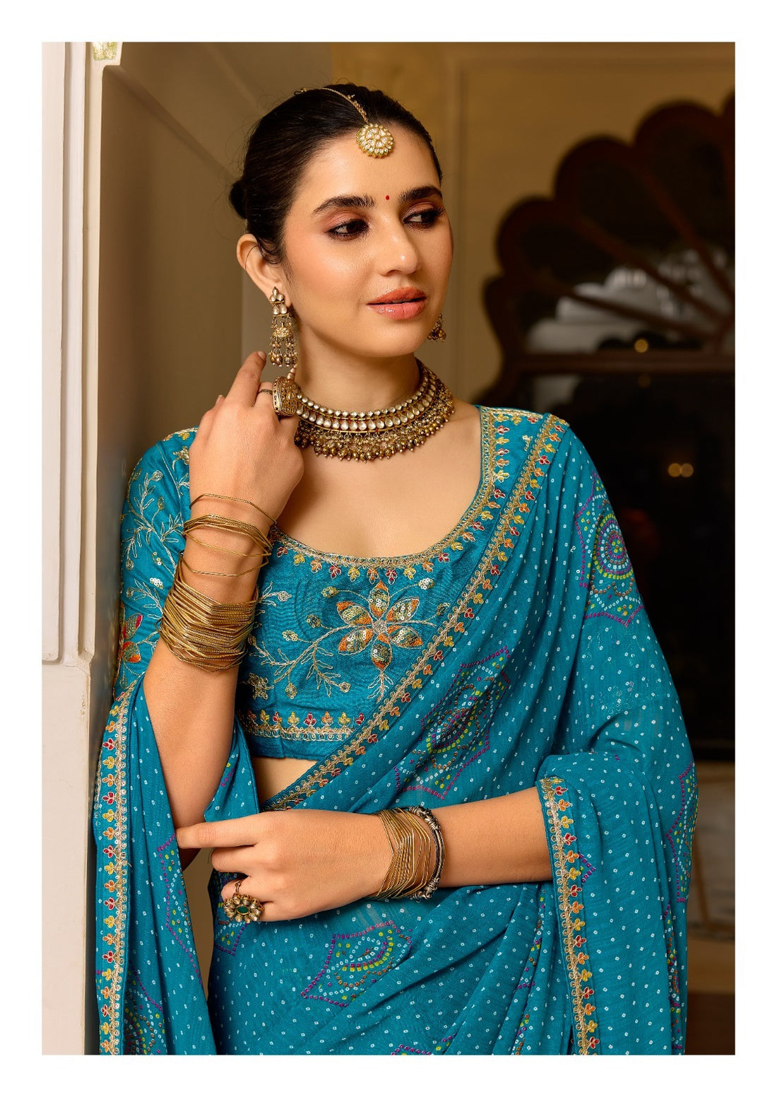 Teal Pure Georgette Chiffon Bandhani Print Saree 