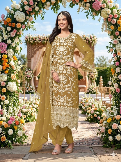 Mustard Pure Soft Organza Heavy Thread Work Salwar Suit 
