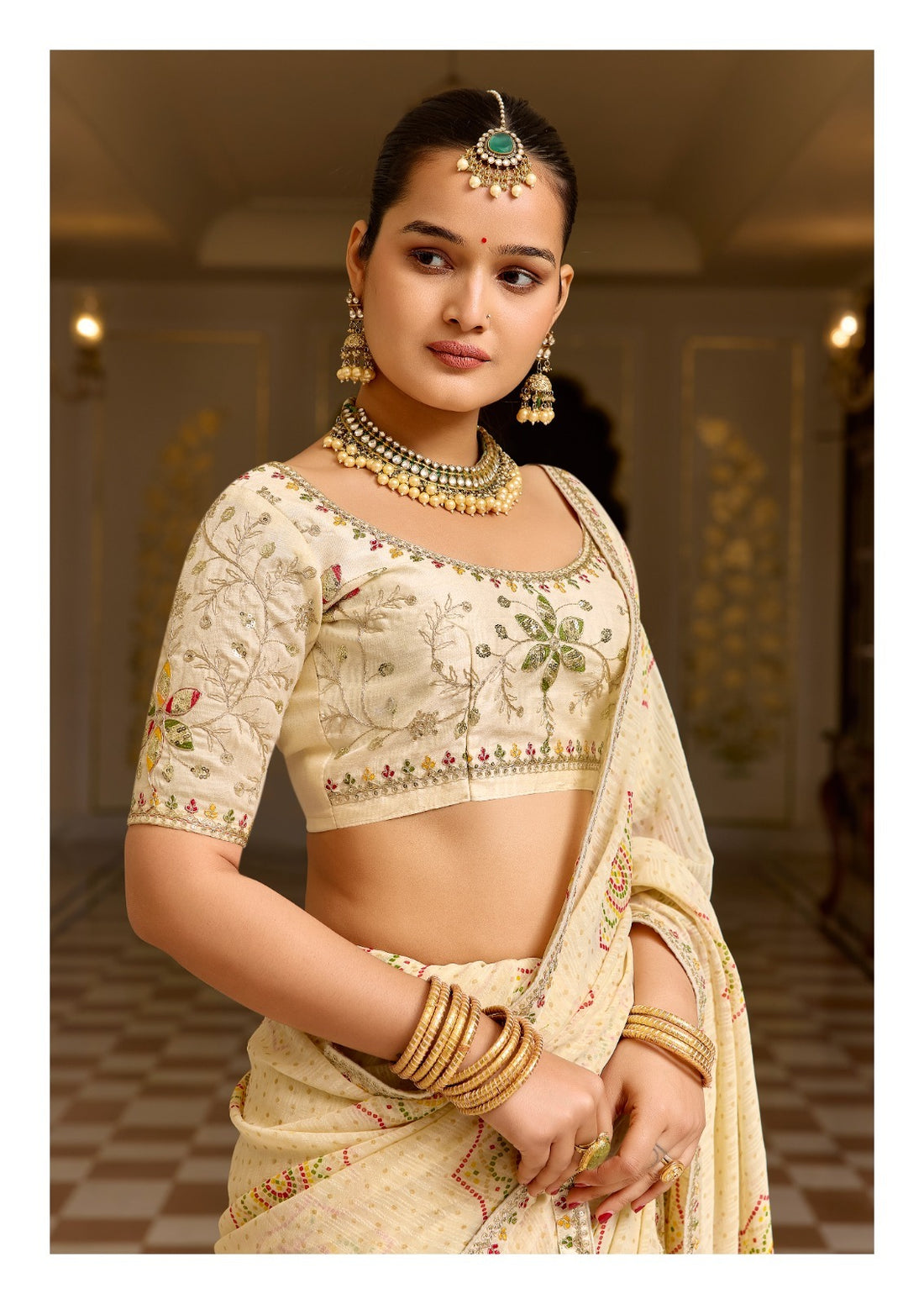 Cream Pure Georgette Chiffon Bandhani Print Saree 