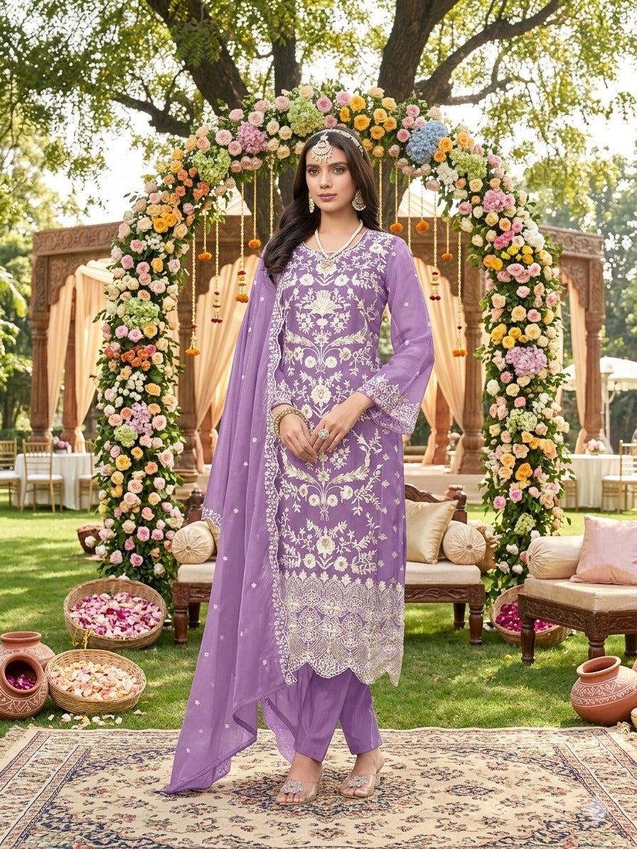 Purple Pure Soft Organza Heavy Thread Work Salwar Suit 