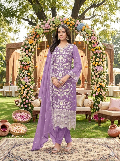 Purple Pure Soft Organza Heavy Thread Work Salwar Suit 