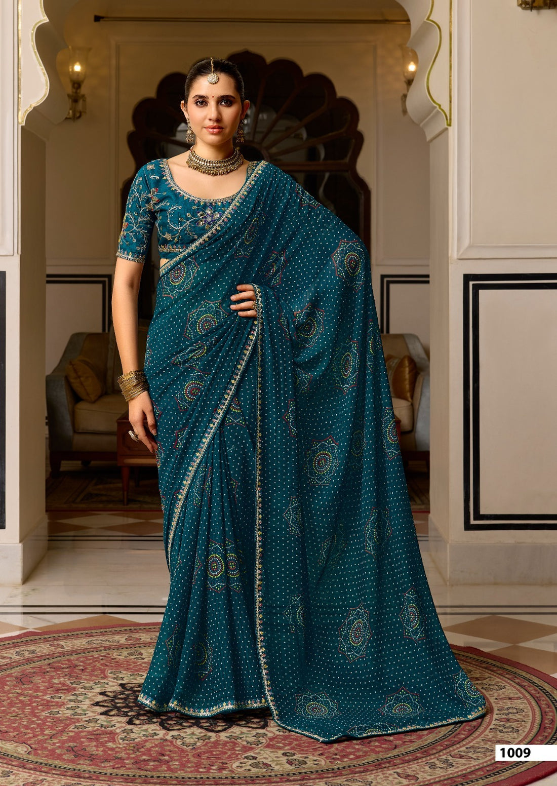 Rama Pure Georgette Chiffon Bandhani Print Saree 