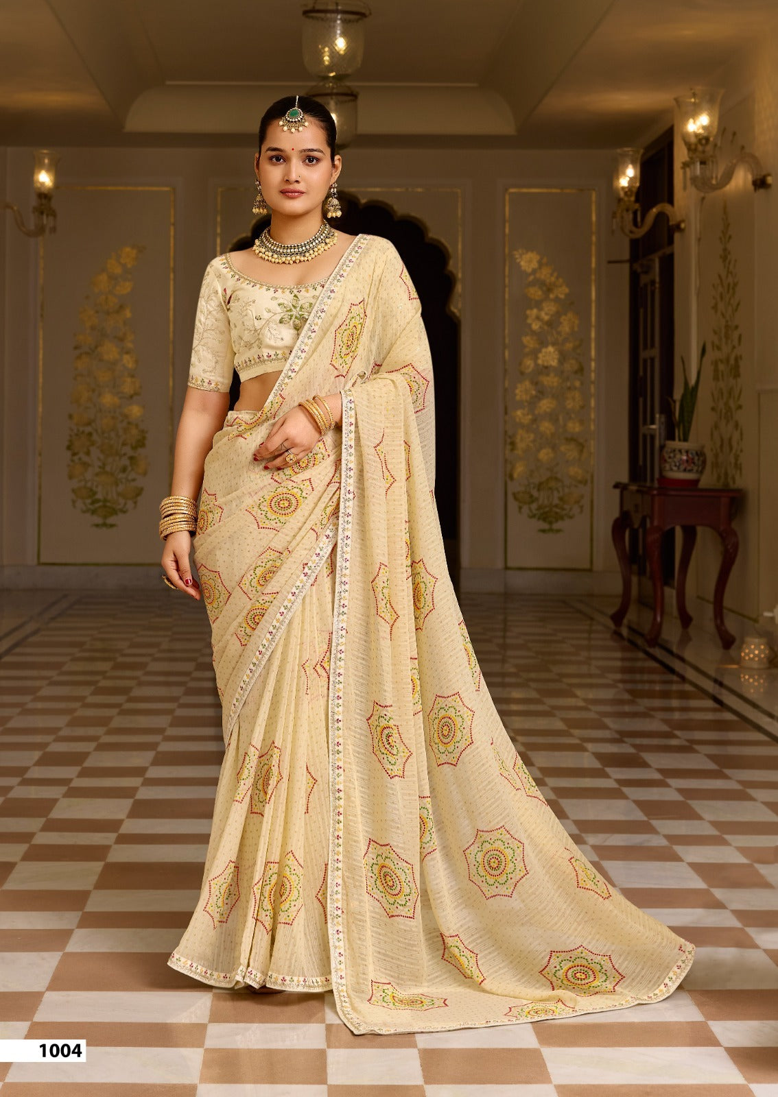 Cream Pure Georgette Chiffon Bandhani Print Saree