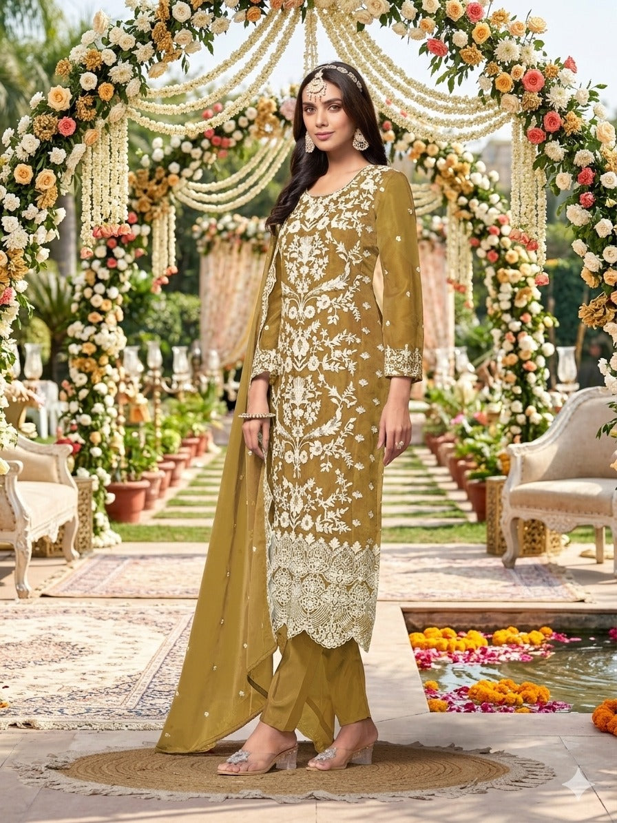 Mustard Pure Soft Organza Heavy Thread Work Salwar Suit 