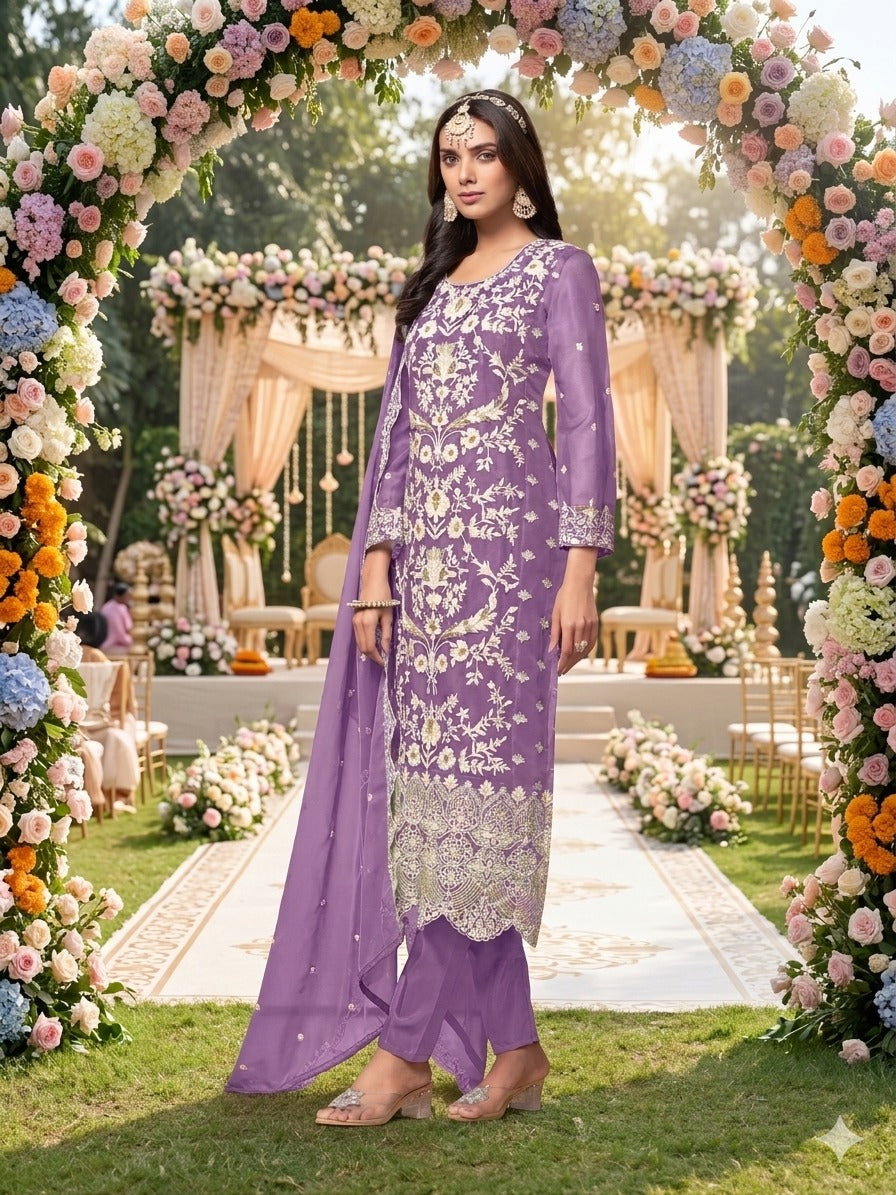 Purple Pure Soft Organza Heavy Thread Work Salwar Suit
