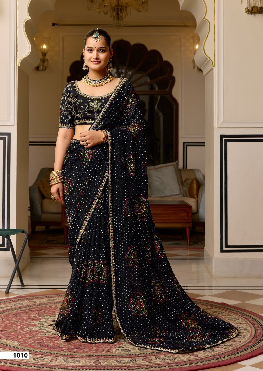 Black Pure Georgette Chiffon Bandhani Print Saree 