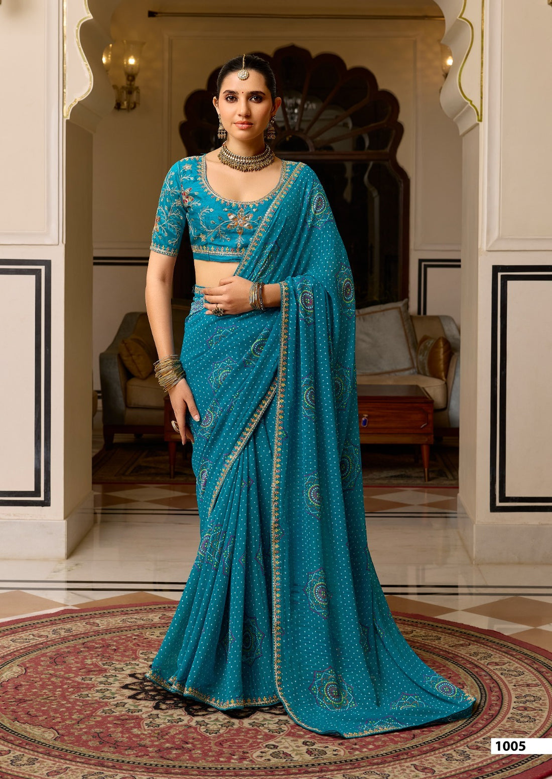 Teal Pure Georgette Chiffon Bandhani Print Saree 