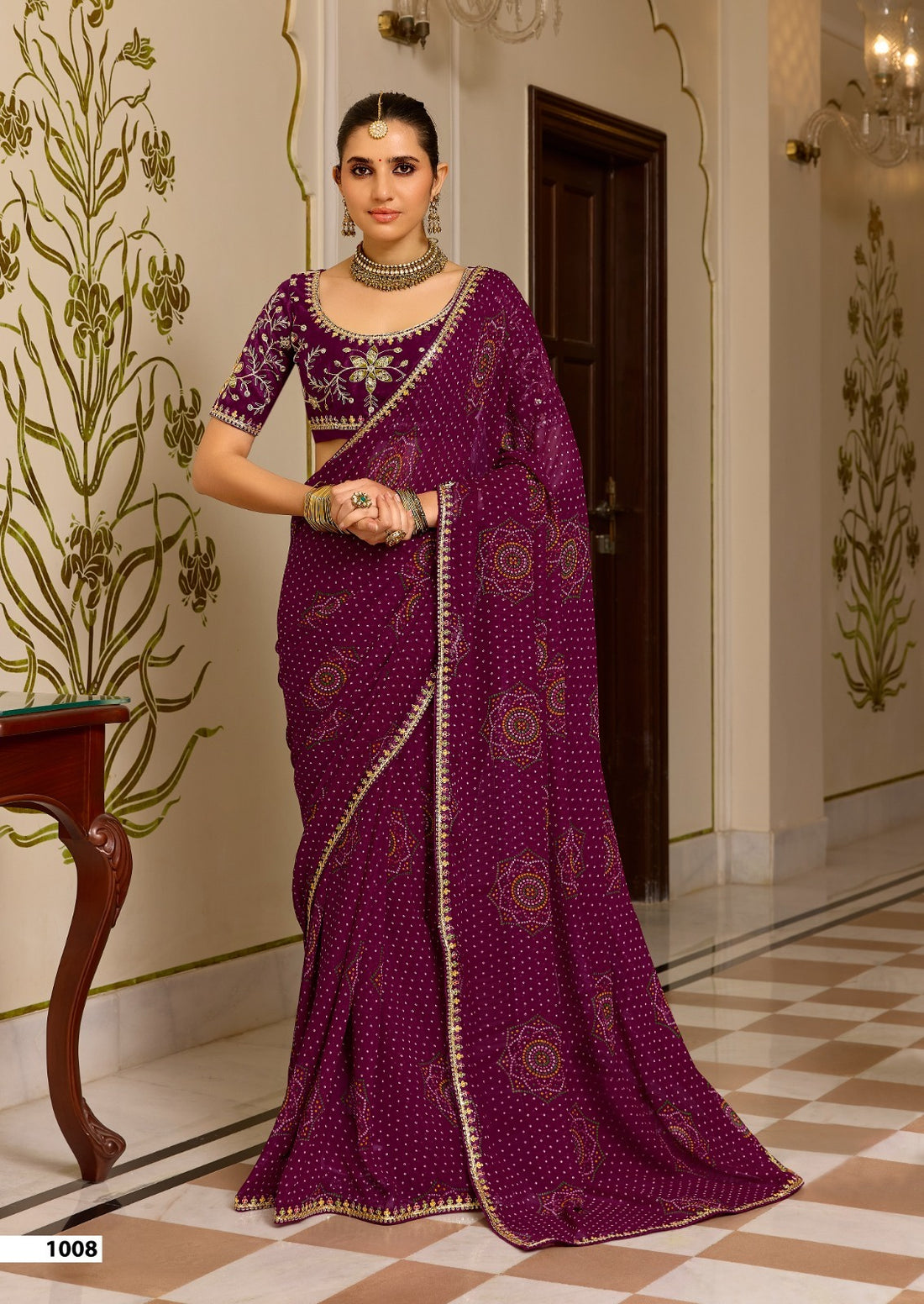 Maroon Pure Georgette Chiffon Bandhani Print Saree 