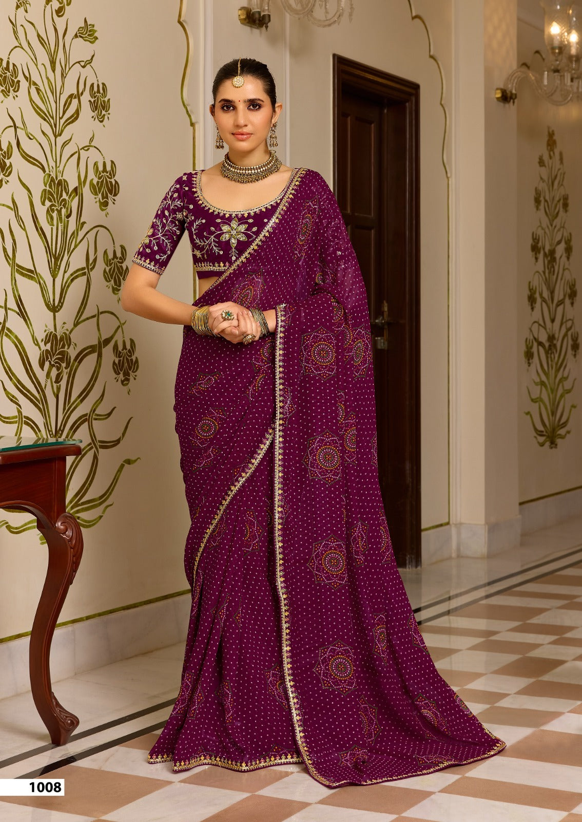 Maroon Pure Georgette Chiffon Bandhani Print Saree 