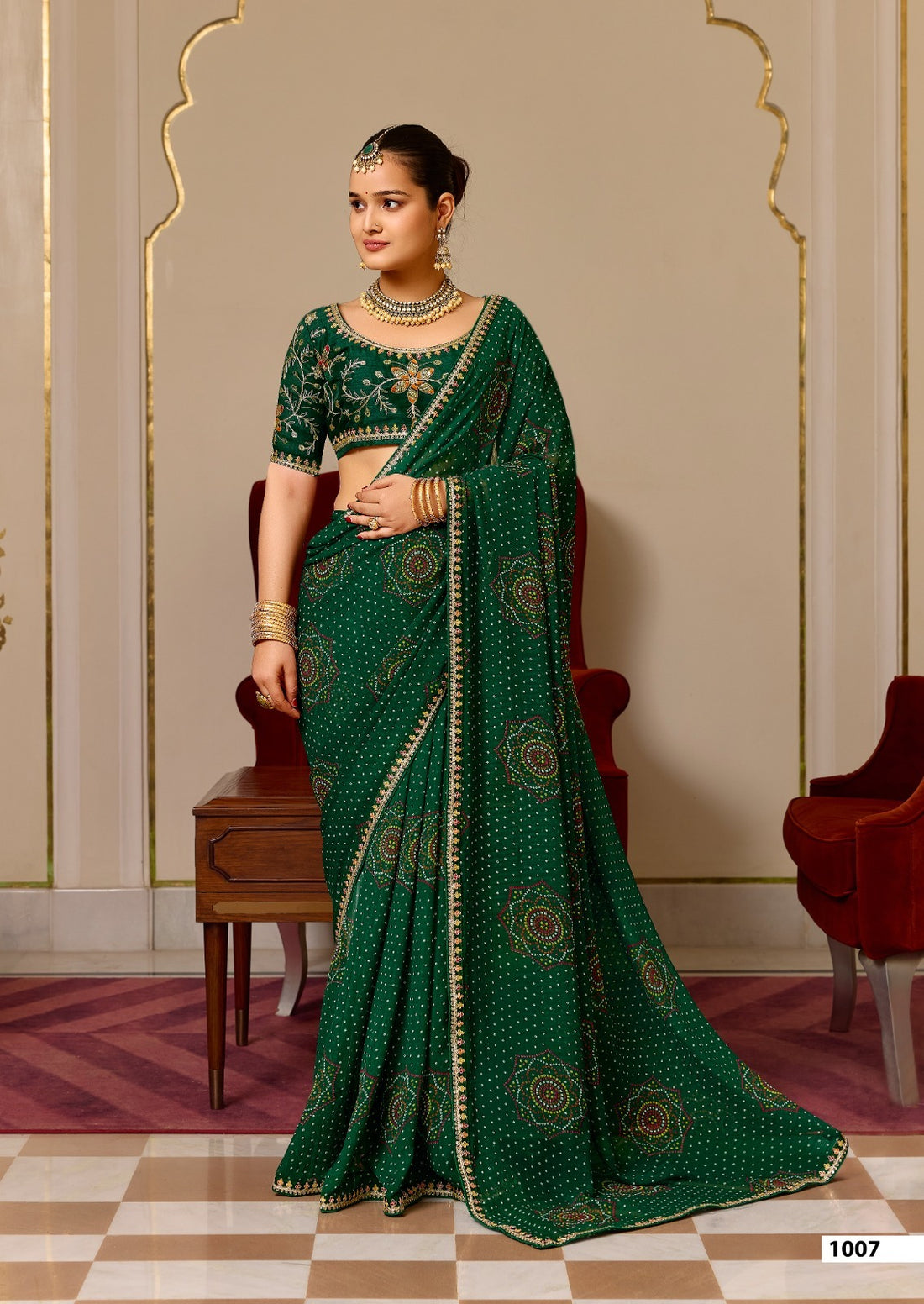 Green Pure Georgette Chiffon Bandhani Print Saree 