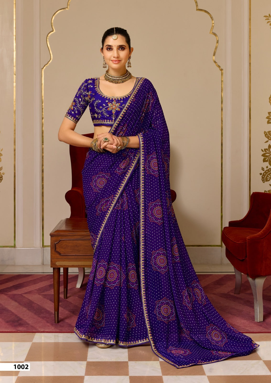 Purple Pure Georgette Chiffon Bandhani Print Saree