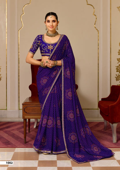Purple Pure Georgette Chiffon Bandhani Print Saree 