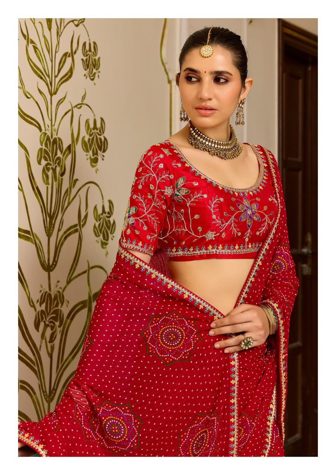 Red Pure Georgette Chiffon Bandhani Print Saree