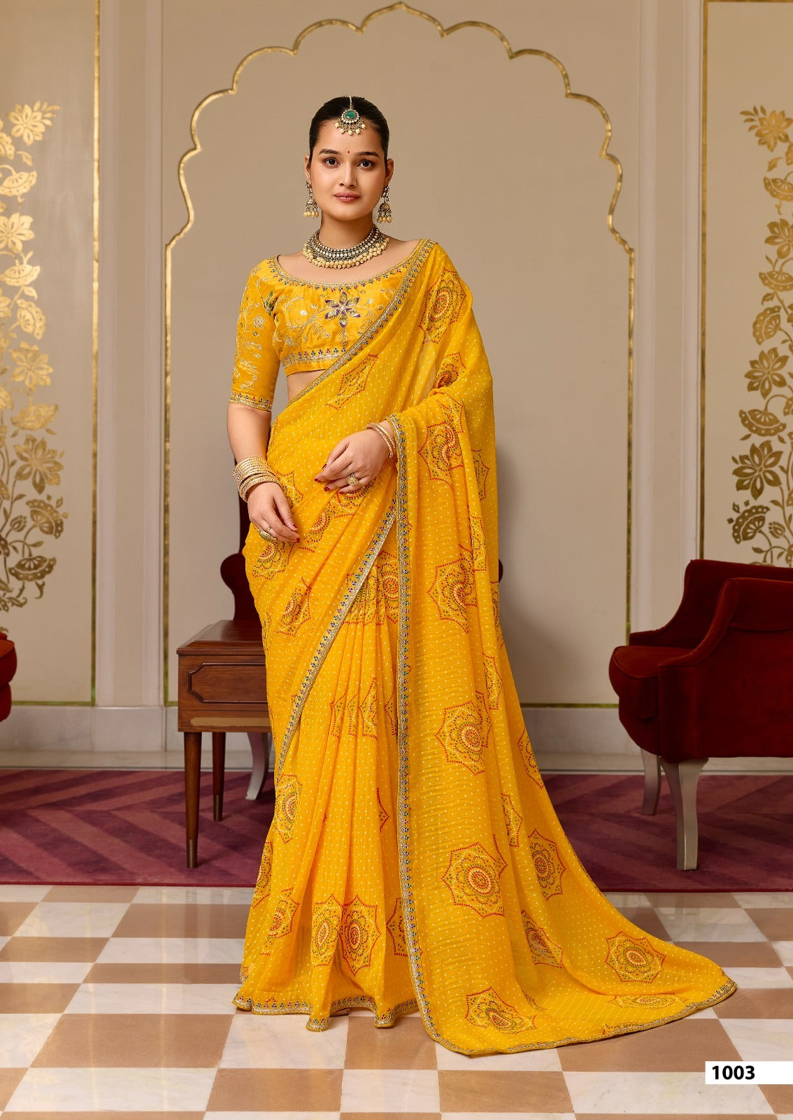 Yellow Pure Georgette Chiffon Bandhani Print Saree