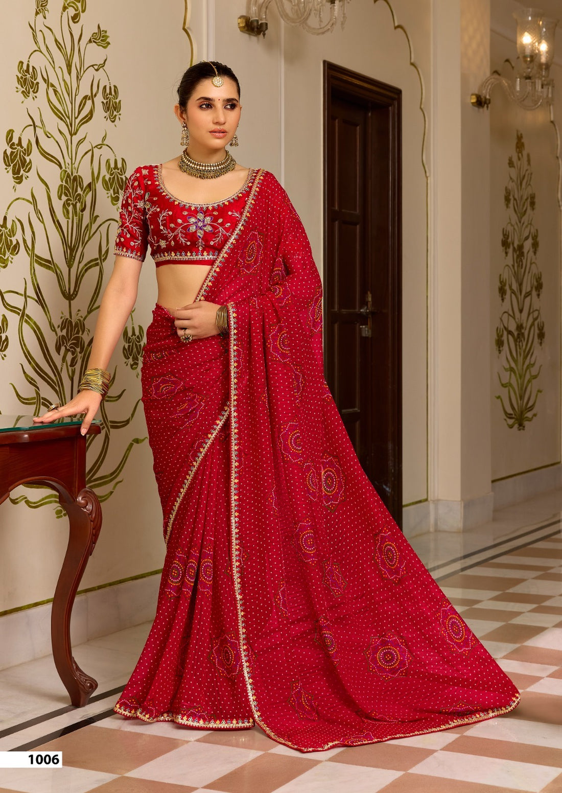 Red Pure Georgette Chiffon Bandhani Print Saree 