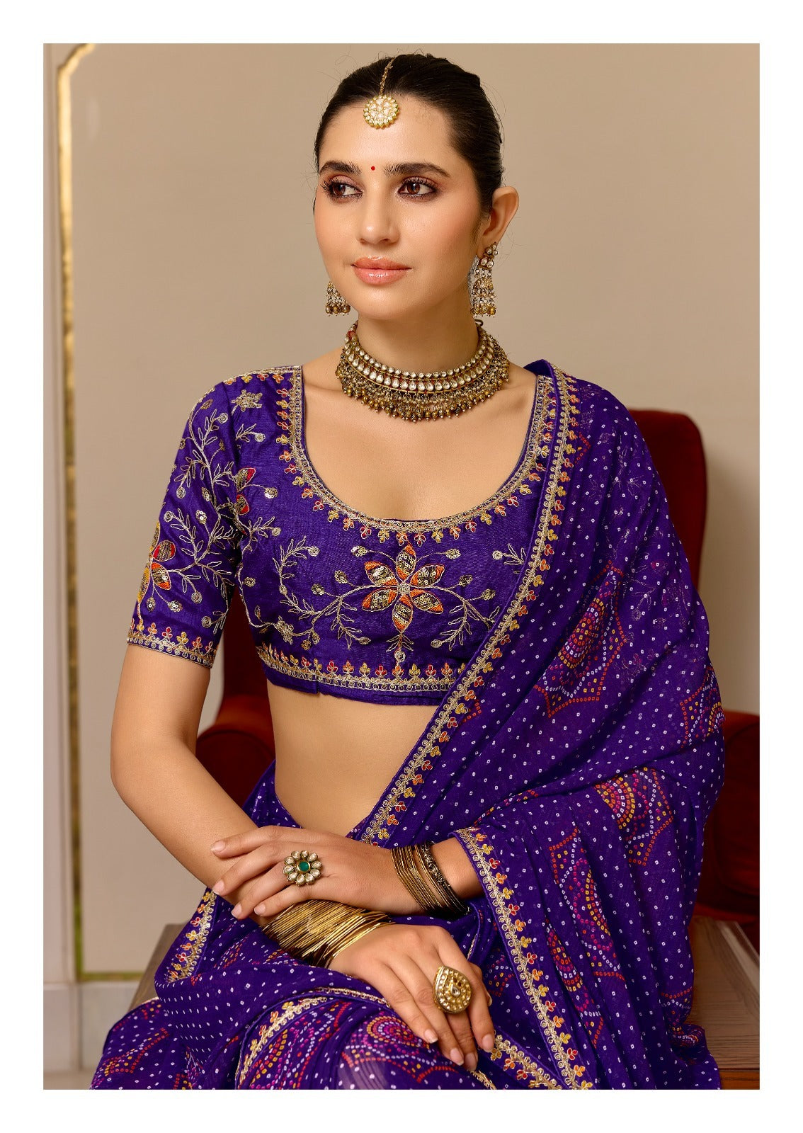 Purple Pure Georgette Chiffon Bandhani Print Saree ##color## Georgette Saree with premium fabric and embroidery