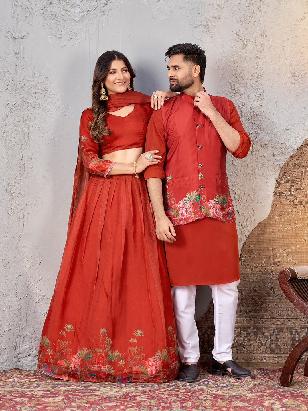 Red Pure Soft Fendi Silk Matching Combo Couple Dress 