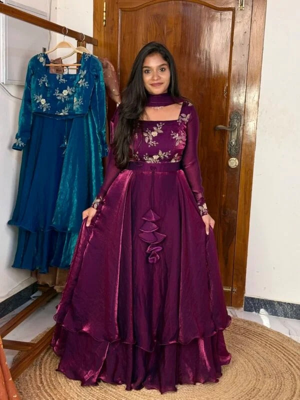 Wine Pure Star Viscose Heavy Fancy Anarkali Gown 
