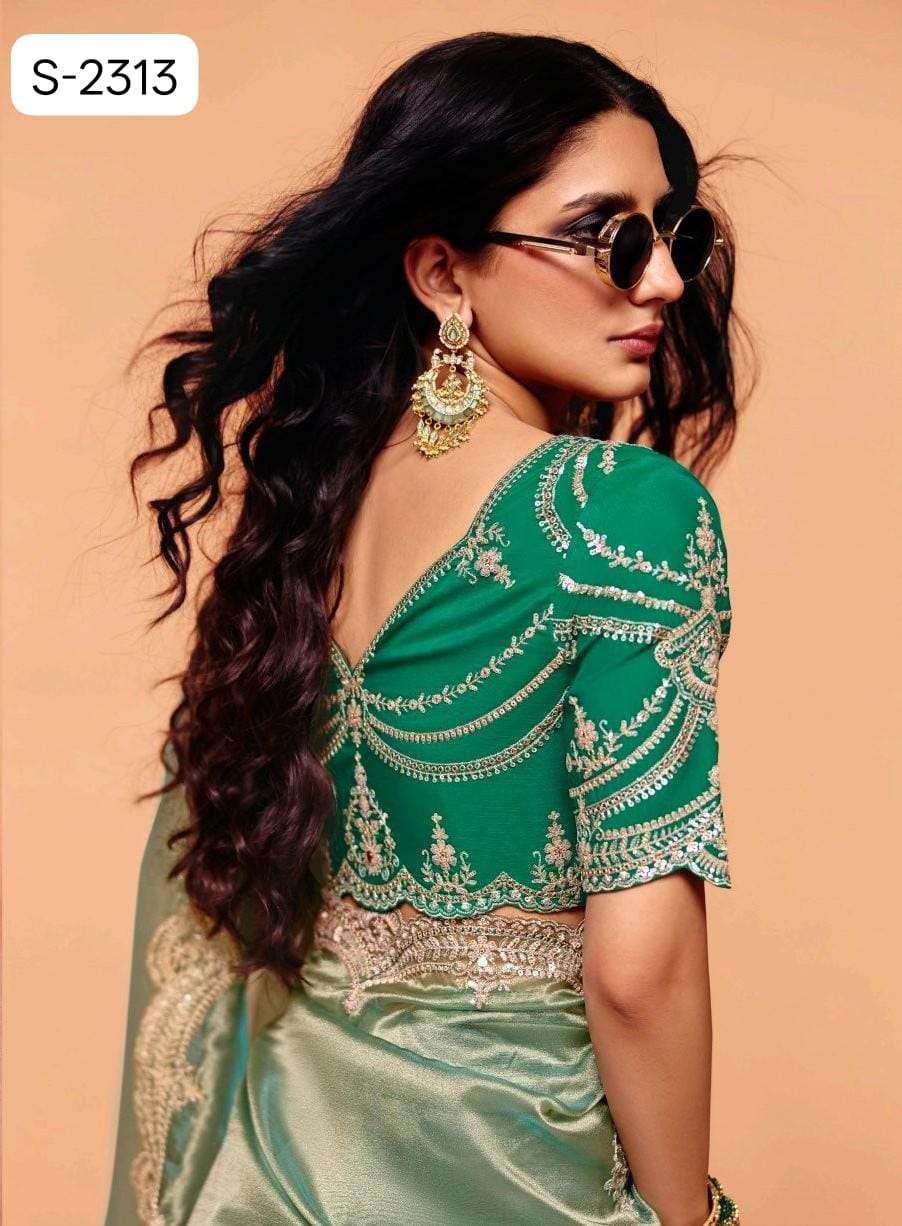 Sea Green Pure Organza Satin With Sequins Heavy Embroidery Work Organza Saree 
