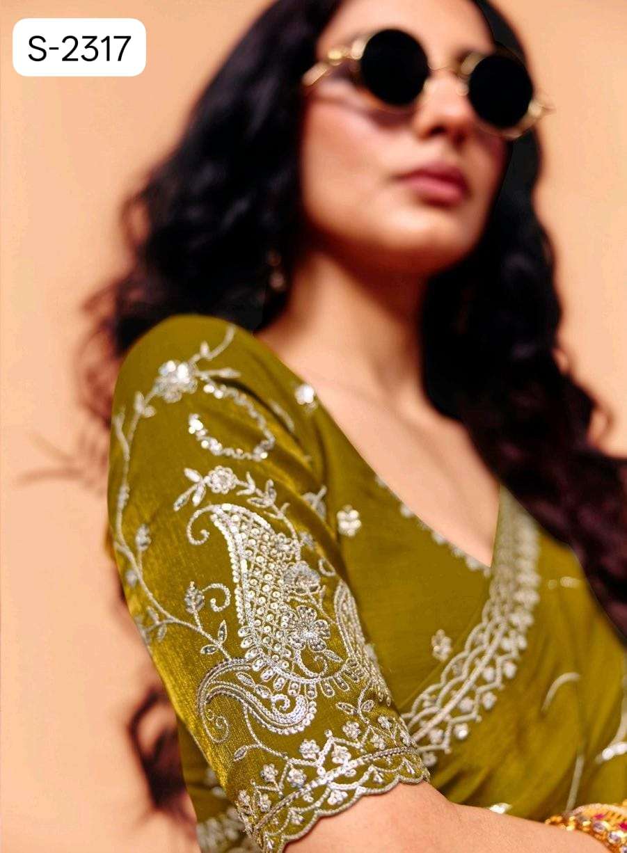 Mahendi Pure Organza Satin With Sequins Heavy Embroidery Work Organza Saree 