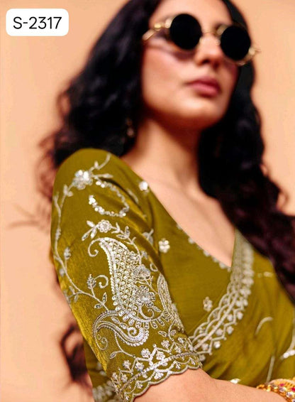Mahendi Pure Organza Satin With Sequins Heavy Embroidery Work Organza Saree 