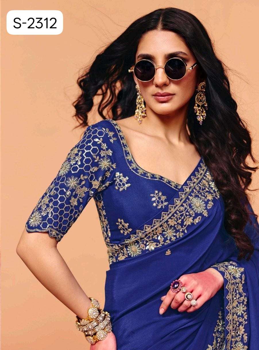 Blue Pure Organza Satin With Sequins Heavy Embroidery Work Organza Saree 