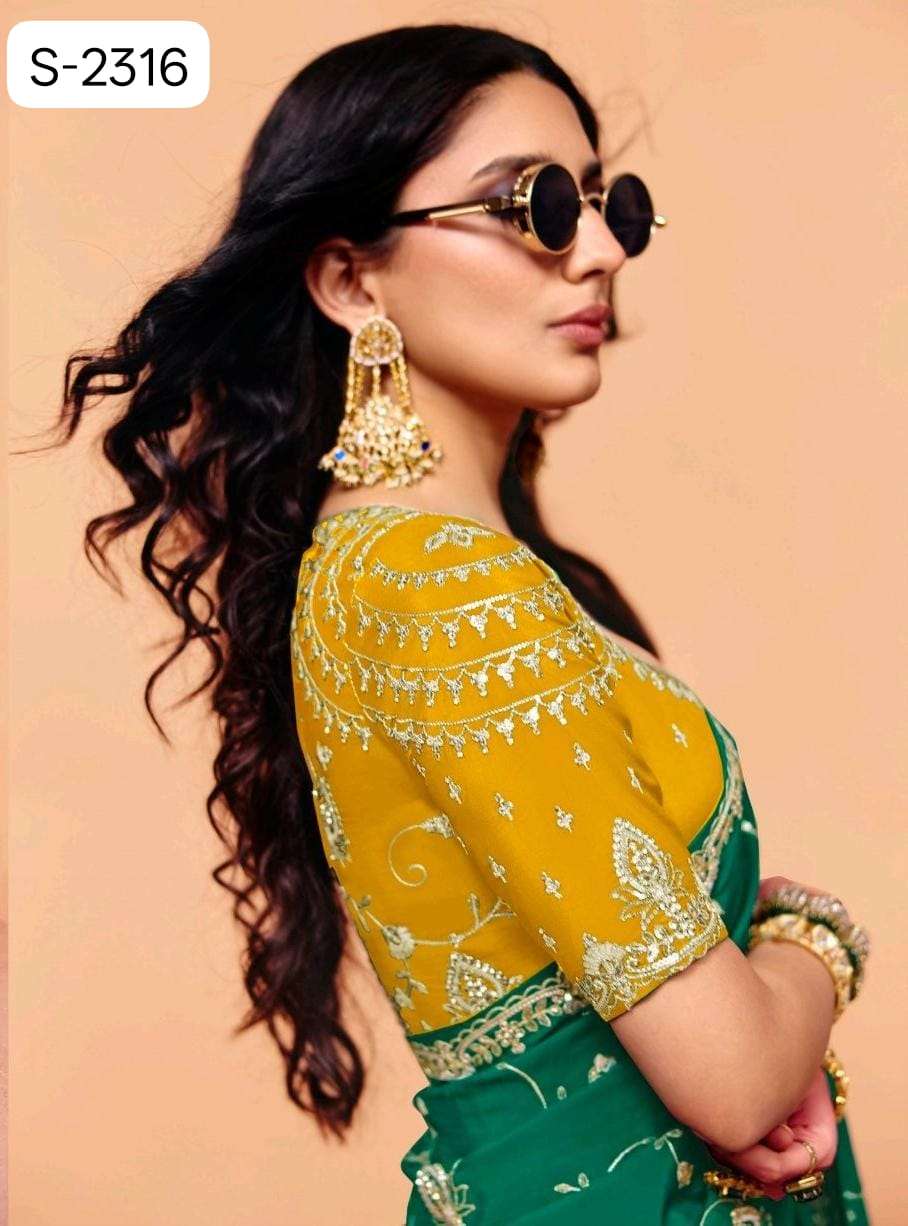 Green Pure Organza Satin With Sequins Heavy Embroidery Work Organza Saree 