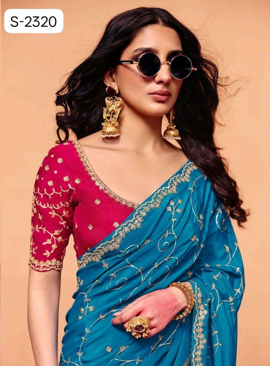 Blue Pure Organza Satin With Sequins Heavy Embroidery Work Organza Saree 