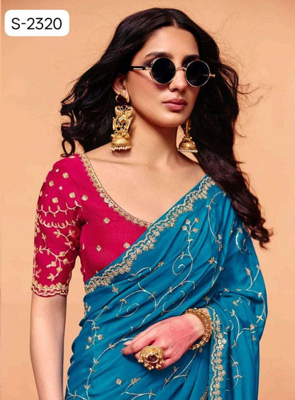 Blue Pure Organza Satin With Sequins Heavy Embroidery Work Organza Saree 