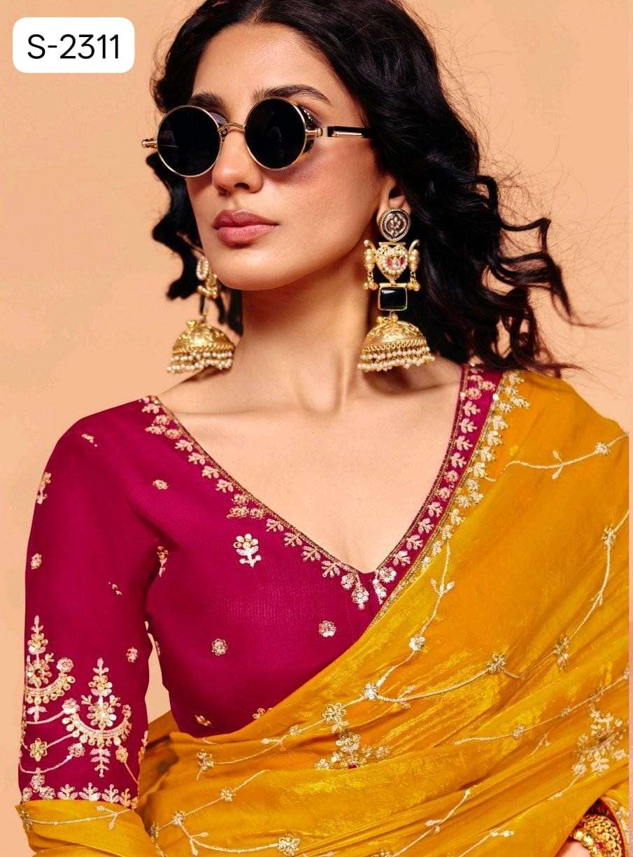 Yellow Pure Organza Satin With Sequins Heavy Embroidery Work Organza Saree 