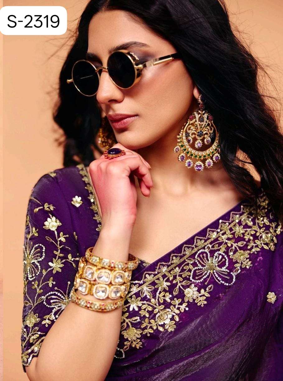 Purple Pure Organza Satin With Sequins Heavy Embroidery Work Organza Saree 