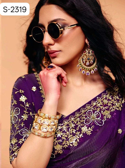 Purple Pure Organza Satin With Sequins Heavy Embroidery Work Organza Saree 