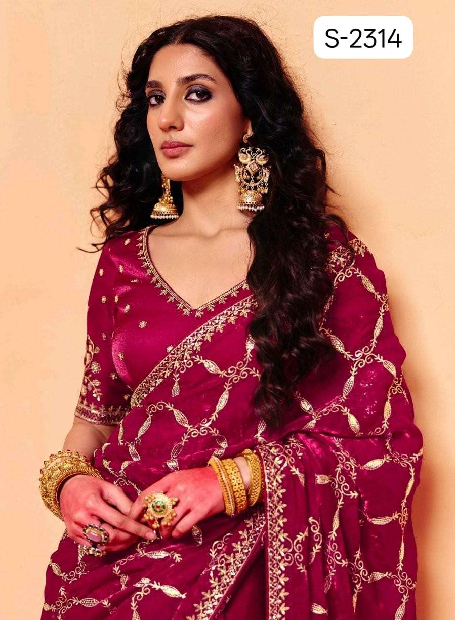 Red Pure Organza Satin With Sequins Heavy Embroidery Work Organza Saree 